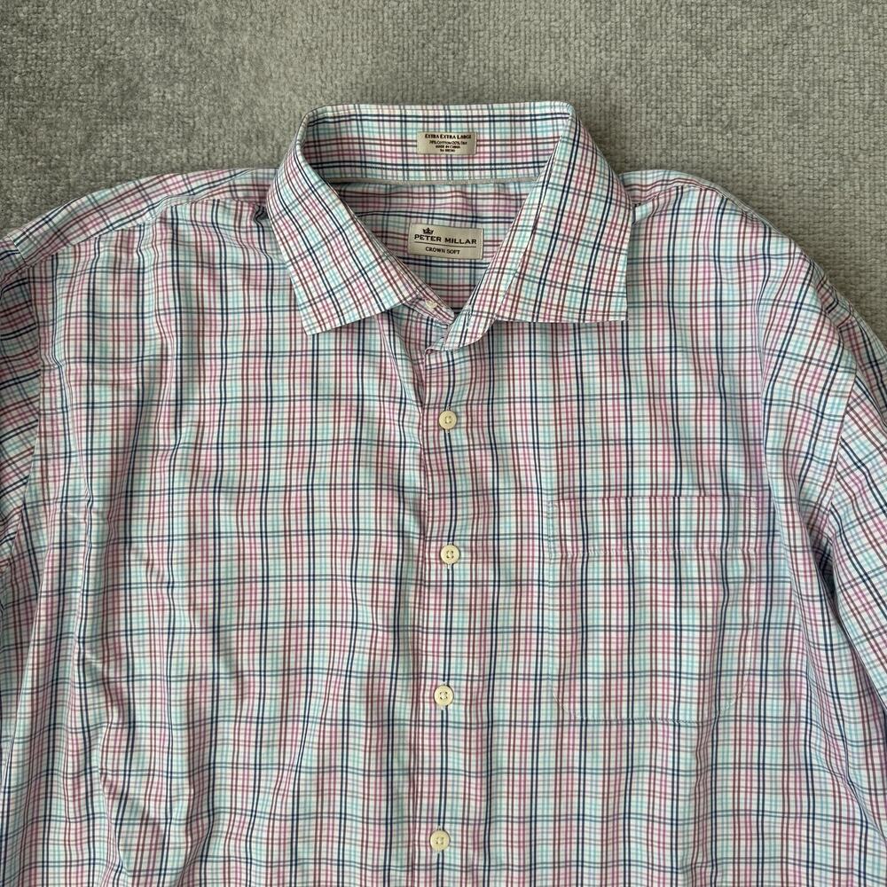 Peter Millar Shirt Mens 2XL Blue Plaid Crown Soft Silk Button Down Long Sleeve - Picture 2 of 8